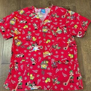 Julius and Friends Women's M Red Christmas Floral V-Neck Scrub Top
